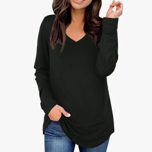 NWT Womens Long Sleeve Tunic Top V Neck Black Tee Shirt Medium
